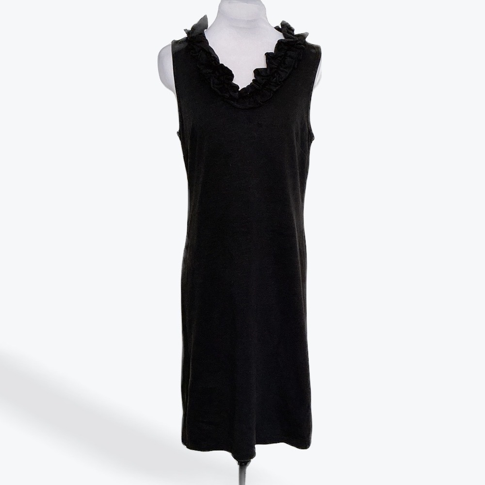 Talbots Petites Black Ruffle Neck Sleeveless Knit Shift Dress SP 100% Cotton - Picture 2 of 13